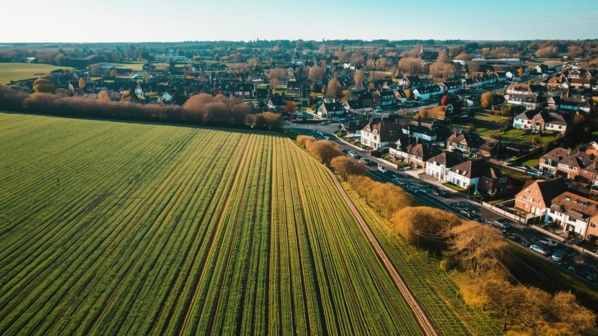 Farmland borders expanding residential neighborhoods, illustrating growth and development pressures on agricultural land in Spartanburg County.