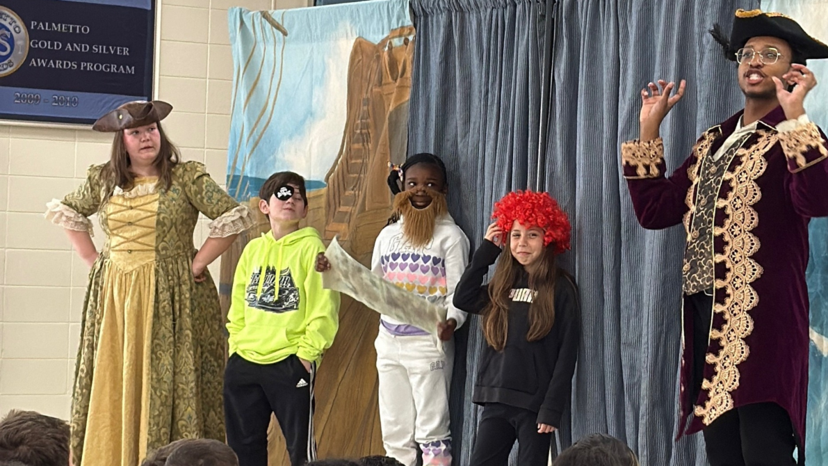 Bright Star Touring Theatre performs an interactive pirate-themed energy conservation program for students at Woodruff Elementary School.